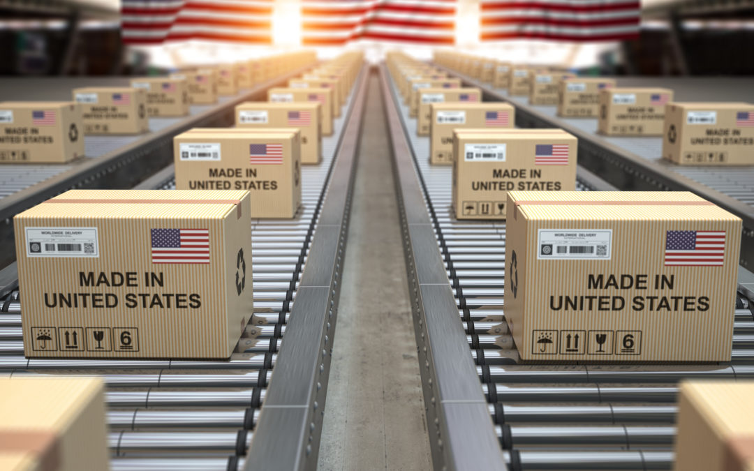 boxes on conveyor belt with "Made in the USA stamp